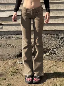 Vintage Y2K Low-Waist Flared Leg Corduroy Pants for Women, Slim-Fitting Drop Waist, Button Fly, Spring & Fall Fashion, Plain H-Type