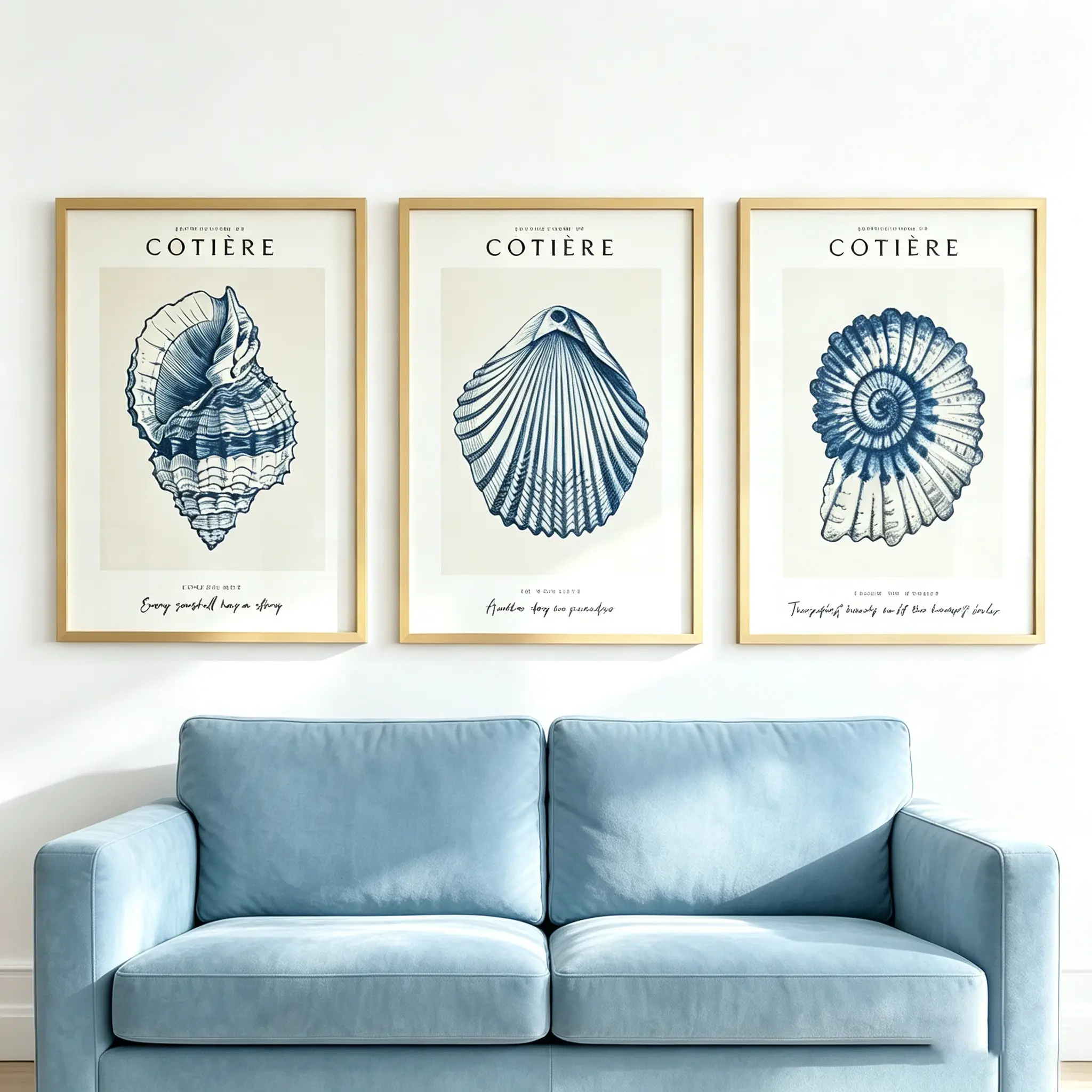 Frameless Coastal Wall Art Decorative Prints - 3-Piece Retro Blue Ocean Shell, Neutral Beige Conch Canvas Posters, Soothing Minimalist Nautical Aesthetic for Farmhouse, Bedroom, Apartment Living Room
