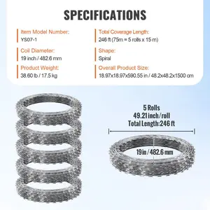 fathersdaygift VEVOR Razor Wires, 246 ft Razor Barbed Wire, 5 Rolls Razor Wire Fencing Razor Fence, Razor Ribbon Barbed Wire Galvanized Razor Wire Fence, Rolls Razor for Garden