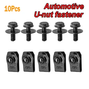10pcs Car Body Bolts and U-Bolt Clamps, M6 Engine Cover Bottom Guard Fender Bumper Fixing Hardware, Rivet Screws for Automotive Use