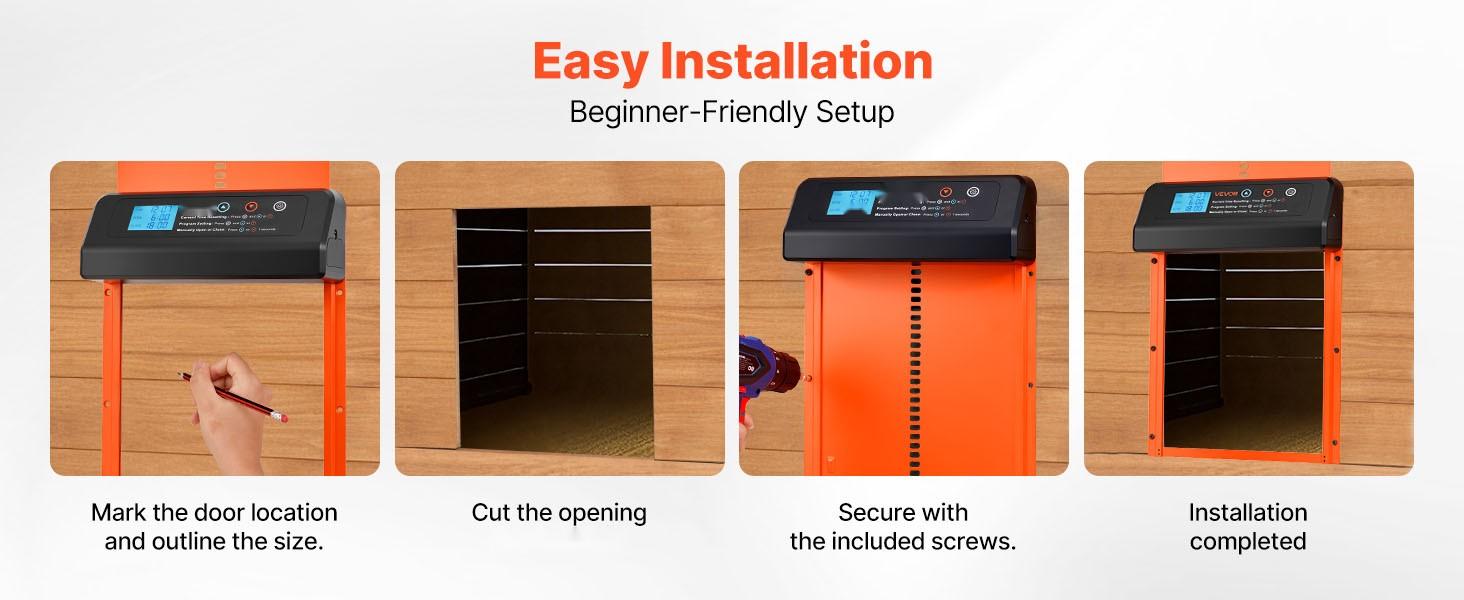 Automatic Chicken Coop Door System, Battery-Powered Door Opener with Timer and Manual Setting, Anti-Pinch Security, Durable Aluminum Alloy Construction, Weatherproof Sealing, Chick Run Gate, Orange