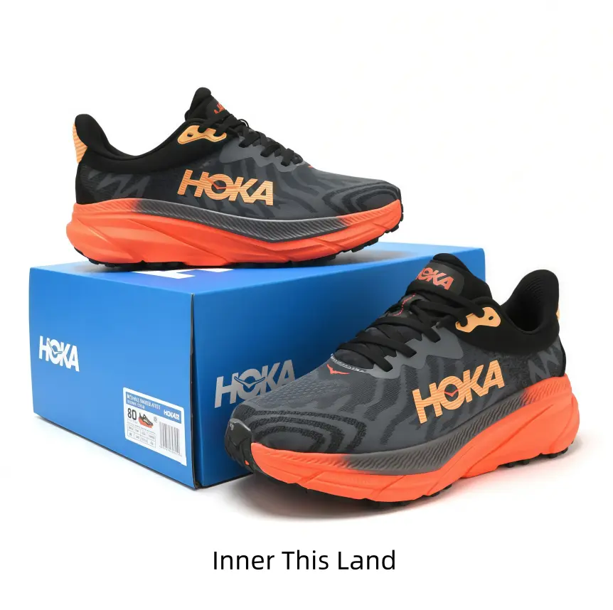 Dark swirl print mesh running shoes with fiery orange gradient midsole, high cushion support for mountain trail hiking and outdoor workout vlogs
