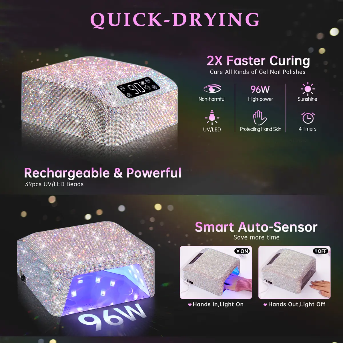 CHRISTINE SHELLY UV LED Nail Lamp Wireless 96W, Rechargeable Nail