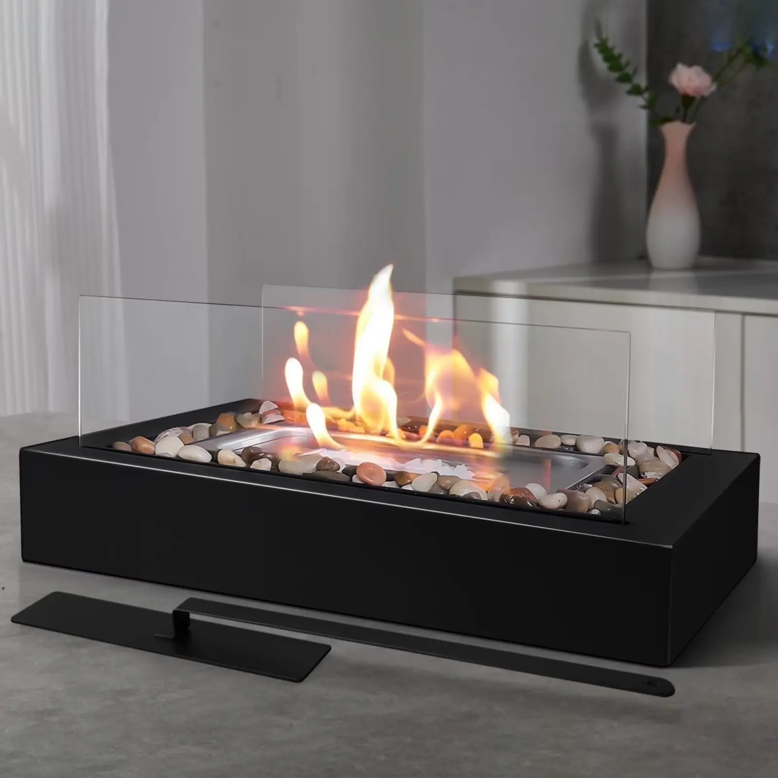 Rectangular Tabletop Fire Pit with 2 Sided Glass Mini Portable Fireplace for Patio Backyard, Gift for Christmas