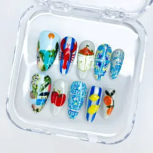roberthub.nail Coastal Lobster Fruit Press-On Nails, Blue Tile Art, Mediterranean Lemon Stripe Design, Hand Painted Seafood & Citrus Details, Glossy Almond Summer Vacation Nail Set