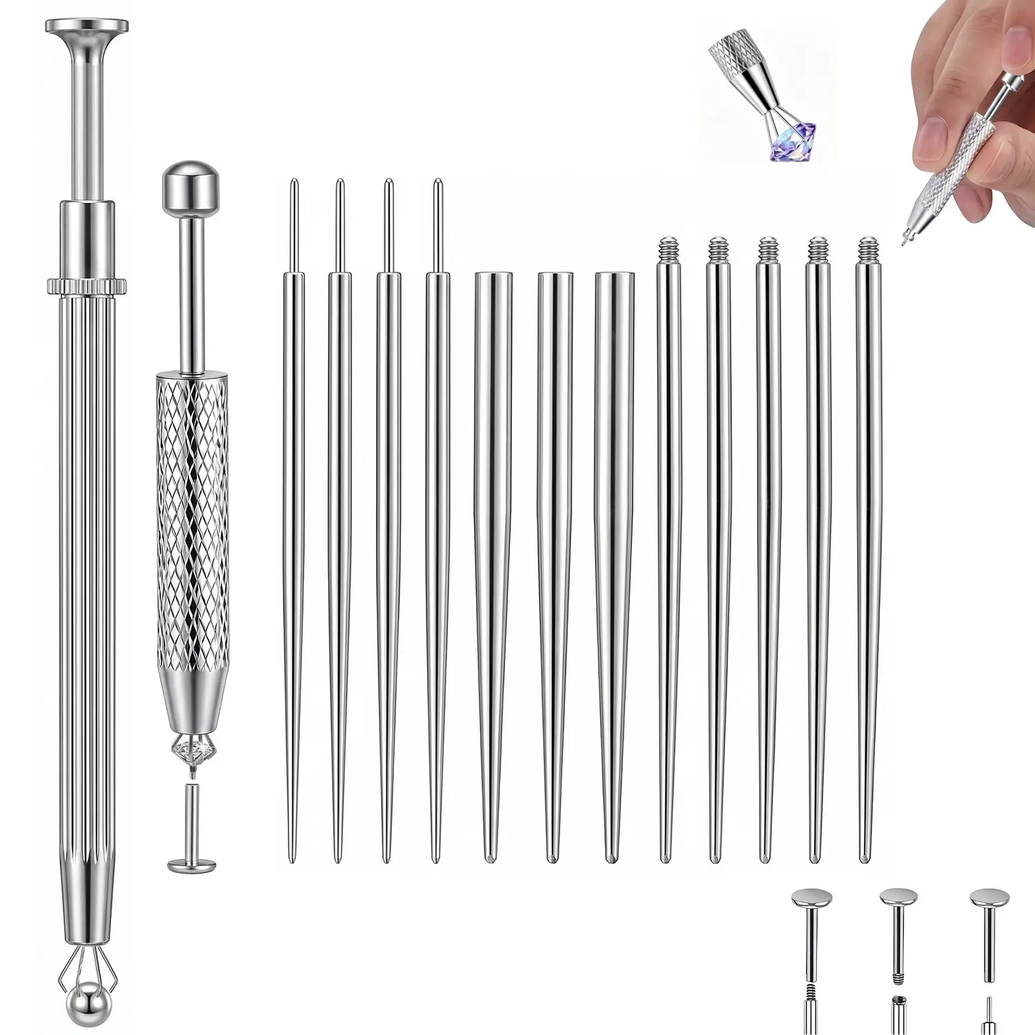 Sicbumi Piercing Ball Grabber Tool for Changing Jewelry, Stainless Steel Flat Back Earring Applicator Internally Threaded Push Pin Piercing Grabber Tool Kits with Anti Slip 4 Claw Gem Ball Grabber Tool, Pin Thread Body Piercing Kit for Ear Nose Lip