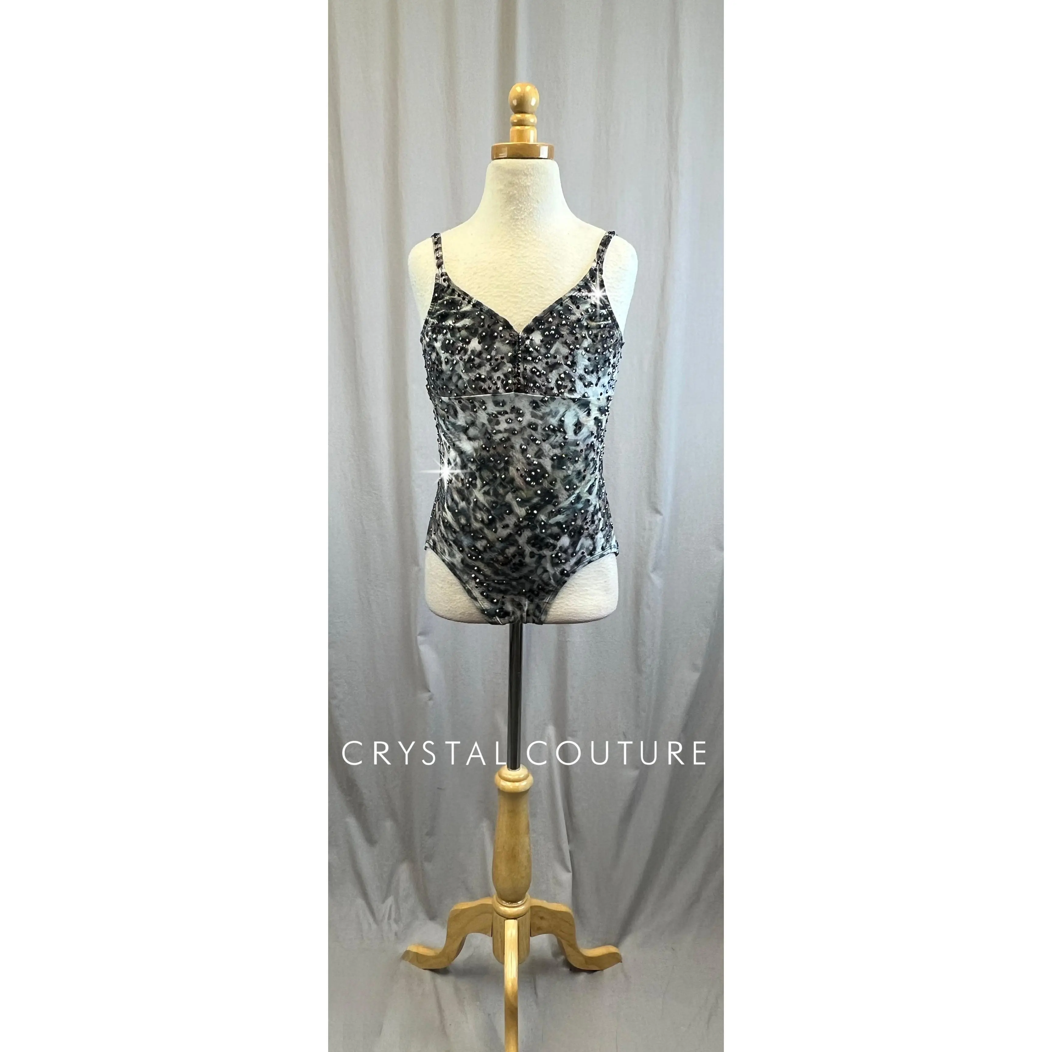 Gray Leopard Print Leotard - Rhinestones