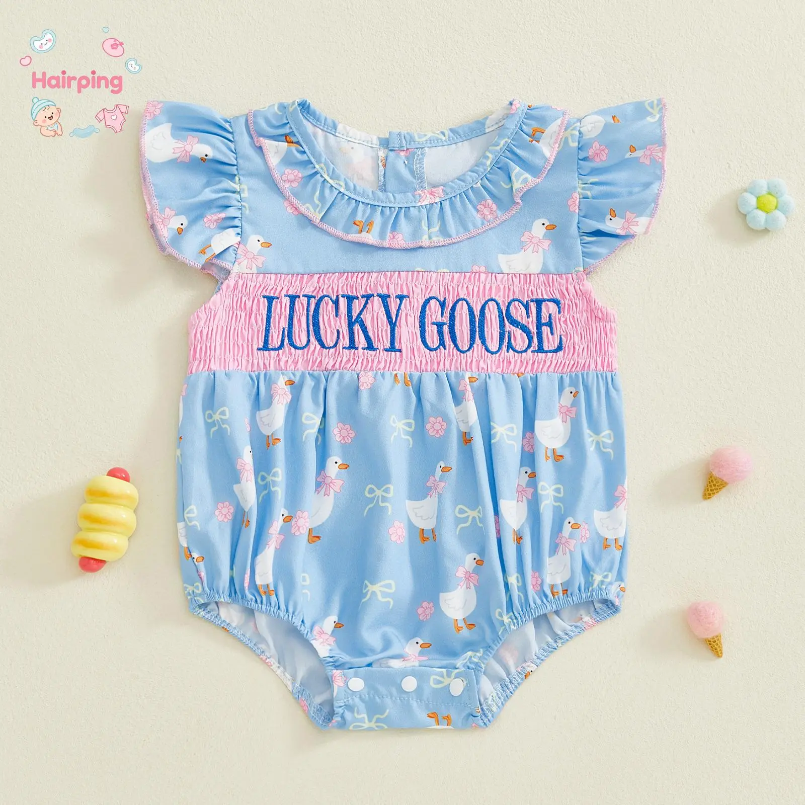 Baby Girls Bubble Romper, Goose Bow Print Letter Embroidery Flying Sleeves Round Neck Jumpsuits, Casual Baby Girls Romper