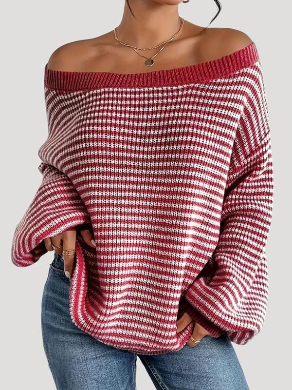 Women's Oversized Striped Knitted Sweater Off Shoulder Long Sleeve Pullover for winter 2026 Fashion Casual Knitwear Tops