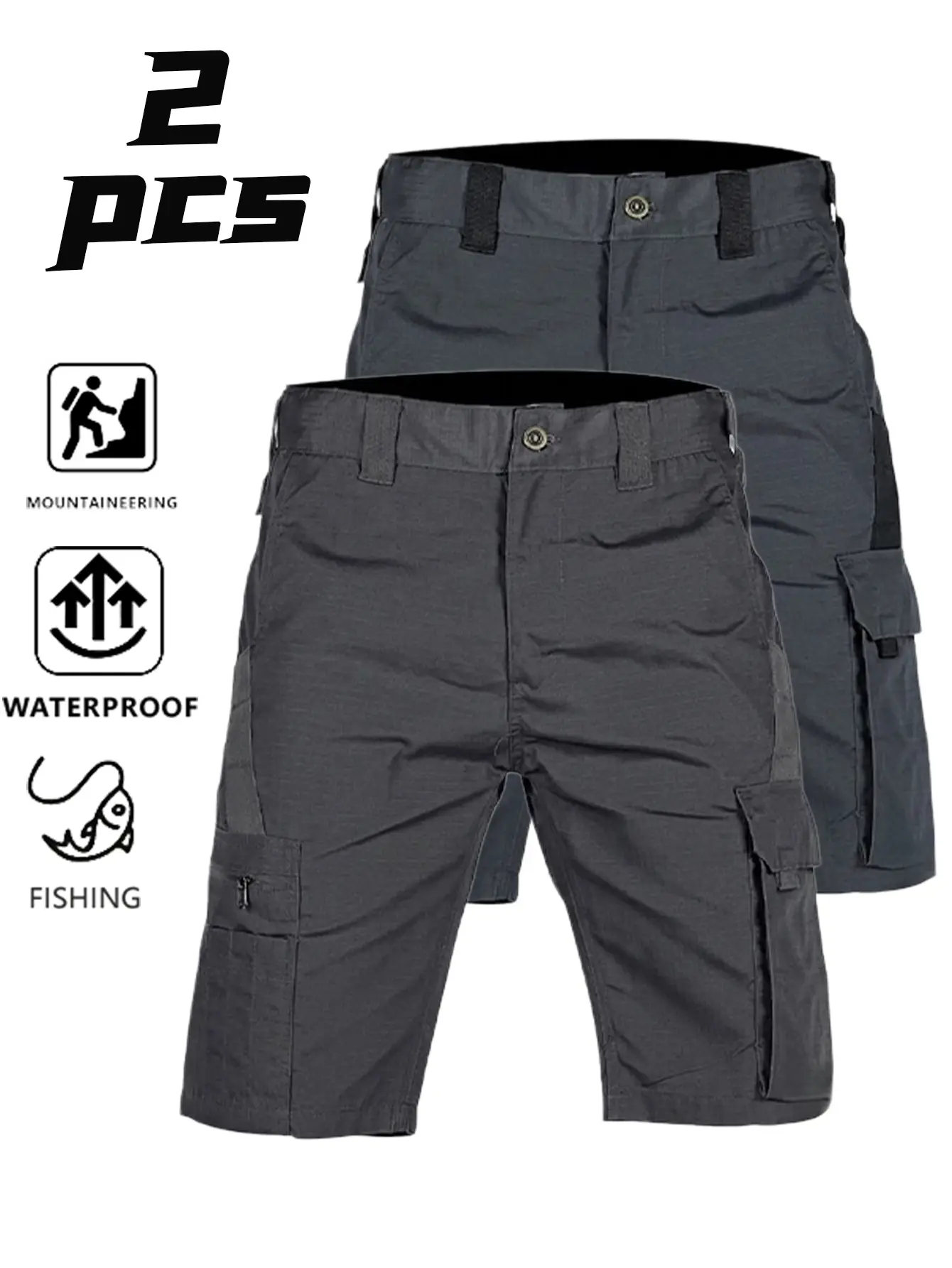 Men's 2-Pack Tactical Cargo Shorts with Multiple Pockets, Loose Fit Mid Waist, Waterproof Quick-Dry Fabric for Athletic Casual Wear & Hiking, Set, Small