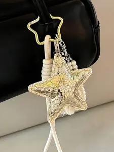 Korean Pearl Sequin Pentagonal Star Bag Pendant, Backpack Decoration Keychain, Sparkly Bag Charm, Girlish Heart Accessories, Hand Woven Rope