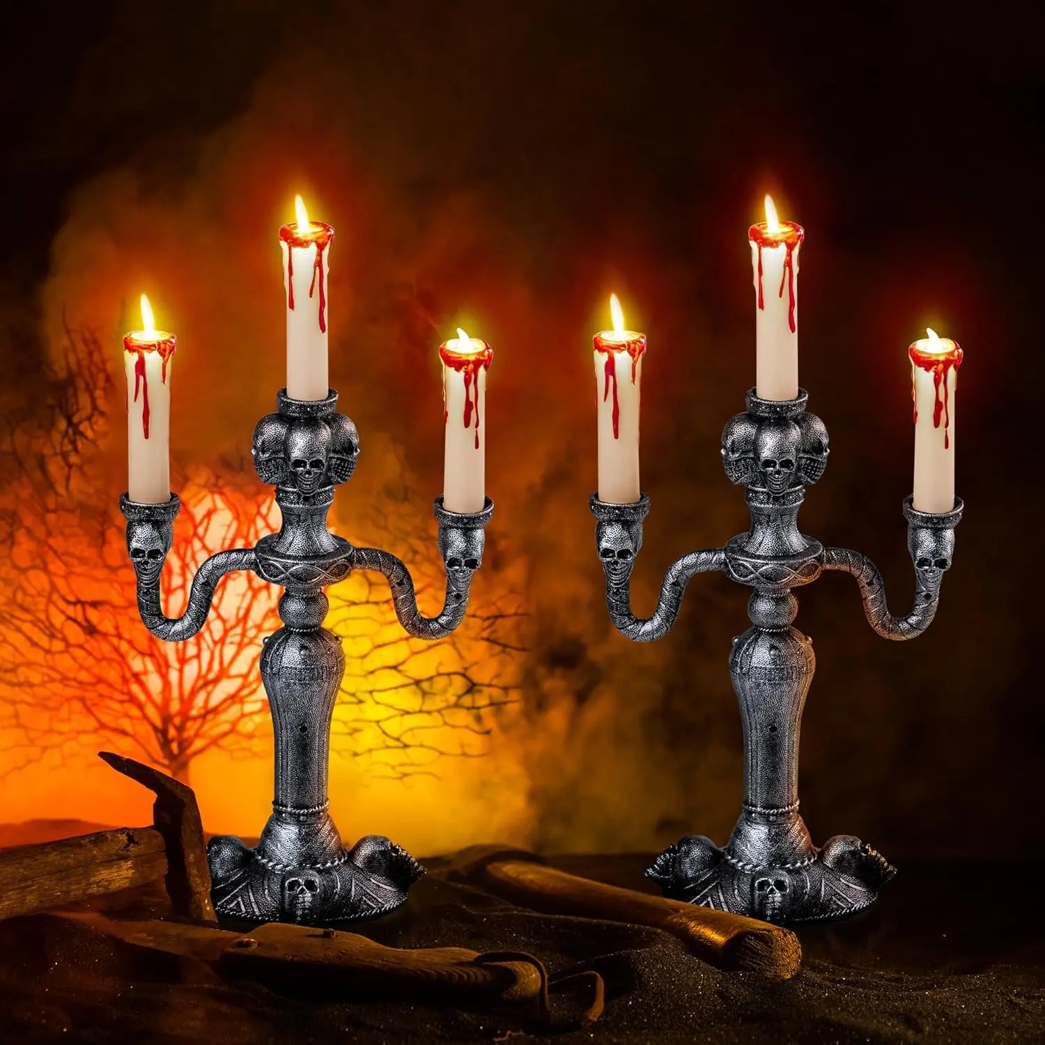 2 Pcs Skull Candelabra Halloween Decorations Indoor LED Lights Flameless Candles Holder, Scary Haunted Mansion Decor for Table Home