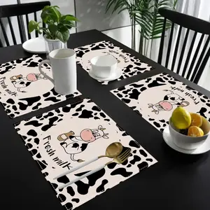 [Cow Print Placemat] 4pcs - Cow Print Linen Placemat - 12x18 inch Rectangular Tablemat - Nongc Cow Pattern Tablecloth - for Holiday Party - Prom Decoration - Home Kitchen Dining Table Decoration - Cafe - Hotel Decoration Placemat