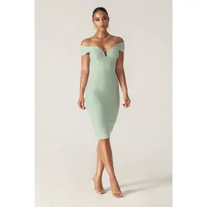 Jade Women’s Off-Shoulder Bandage Dress – Pistachio Green Bodycon Midi Dress with Stretchy Shapewear Fit - Elegant Evening, Date Night & Party Wear Outfit - Womenswear Fashion
