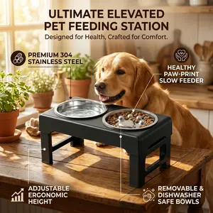 Elevated Adjustable Dog Bowls for Large Dogs, Stainless Steel Slow Feeder Dog Bowl with Height Adjustable Stand (21-27cm / 8.3-10.6'' ),17.1" Wide  Anti-Slip No-Spill Raised Pet Feeder for Neck Protection & Healthy Digestion