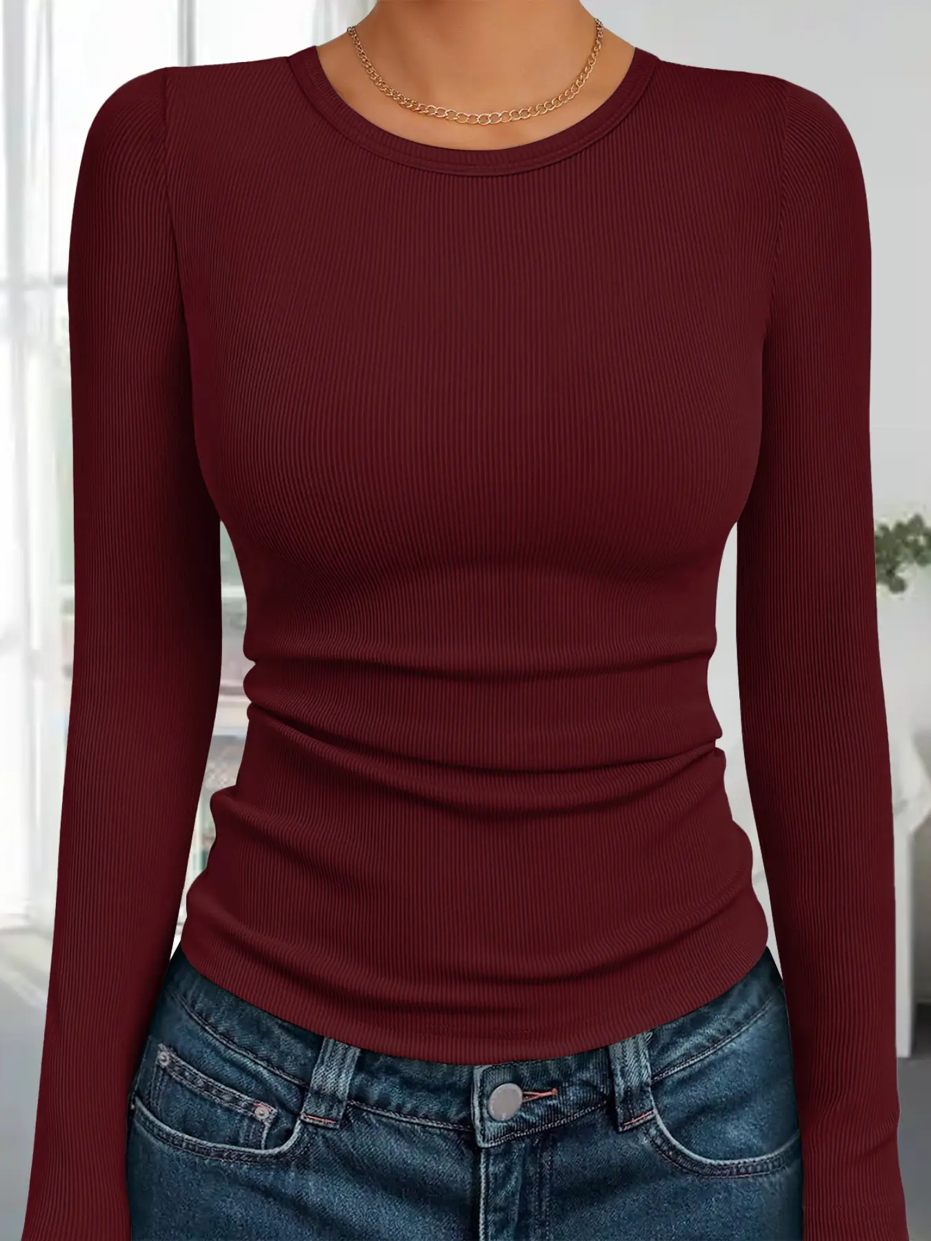 Women's Ribbed Knit Long Sleeve, Blouse Solid Stretch Stretchy Soft Business Casual Shirt for Women, Tummy Control Basic Top