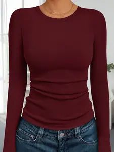 Women's Ribbed Knit Long Sleeve, Blouse Stretch Soft Business Casual Shirt for Women, Tummy Control Basic Top
