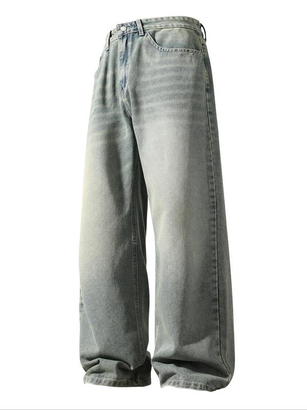 Men's Solid Color Denim Jeans, Loose Casual Comfy Wide Leg Trousers for Daily Wear, Woven Bottoms for All Seasons, Jean Pants Bottoms
