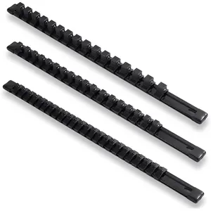 3- Aluminum Socket Rail Organizer Set, Heavy Duty Socket Rails Rack, Socket Holder Kit for Tool Box Drawer, 1/2, 3/8, 1/4-Inch Socket Holder x 58 Clips (Black)