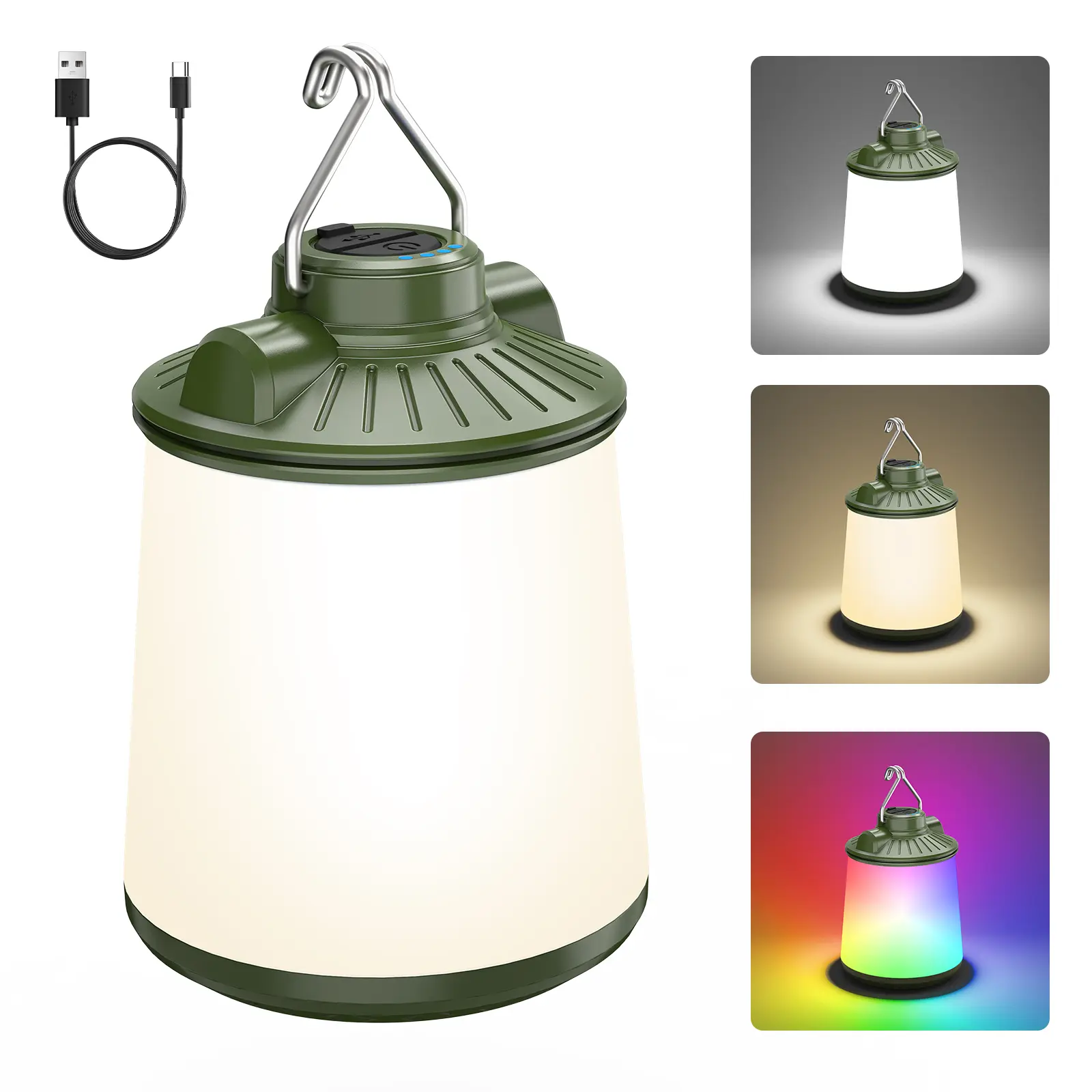 LED Rechargeable Camping Lantern, White+Warm+RGB Light, Up to 16H, 1x Type-C Cable, Rotatable & Retractable, Portable Light for Hurricane, Power Outages, Camping, Hiking, Emergency flashlight survival kit