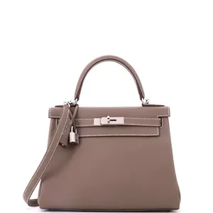 Pre-owned HERMÈS Leather Top Handle Bags Hermes Kelly Handbag Grey Evercolor with Palladium Hardware 28 by Rebag