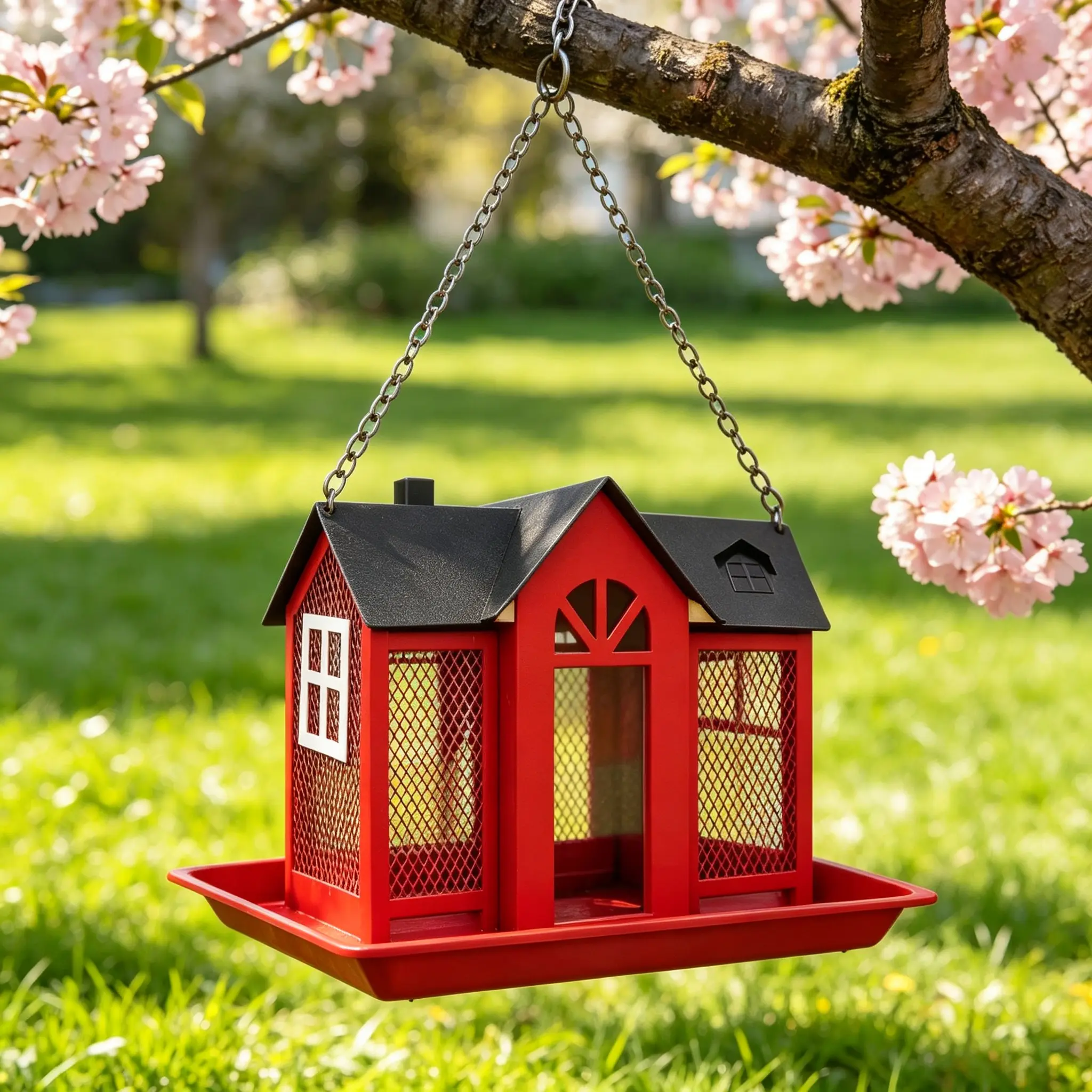 Suspended bird feeder, rustic style metal wild bird feeder, suitable for outdoor gardens, courtyards and patios, providing a seed feeding station for red-winged blackbirds, finches and songbirds. Decorative birdhouse accessory for bird lovers.