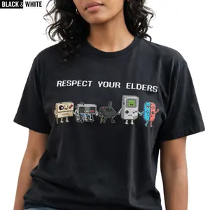 Funny "Respect Your Elders" Retro Gamer T-Shirt. Nostalgic 80s.90s Pixel Art Controller Graphic Tee.  oversize Trend  Gift for Him Her Unisex Cotton Top Bear Casual Round Neck Aesthetic Short