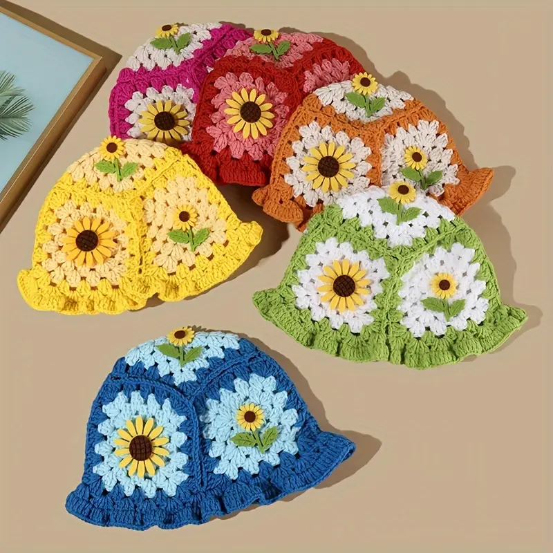 Women's Crochet Sunflower Bucket Hat, Handmade Bohemian Style Summer Hat, Multi-Color Acrylic Casual Fashion Accessory, Female, Sunflower Hat