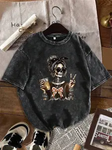 Women's Summer Cotton Short Sleeve Round Neck T-Shirt, Skull Print Graphic Tee, Casual Fitted Daily Wear, Street Style Essential, Perfect Gift Choice