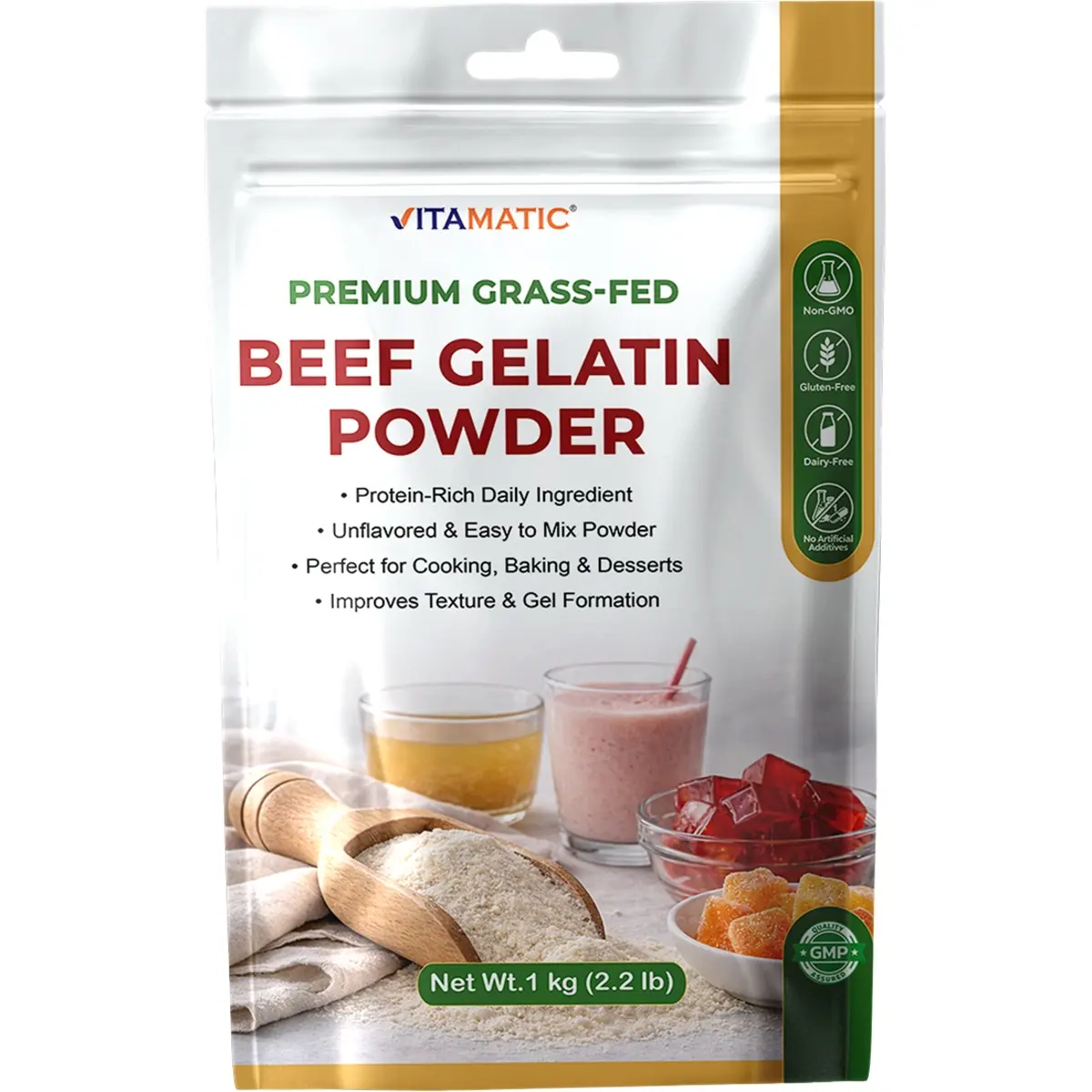 Vitamatic Grass-Fed Edible Beef Gelatin Nutrition Supplement Protein Powder, 1kg (2.2 lb) - Clean, Unflavored, Sugar-Free, Gluten-Free for Cooking, Baking, Non-GMO