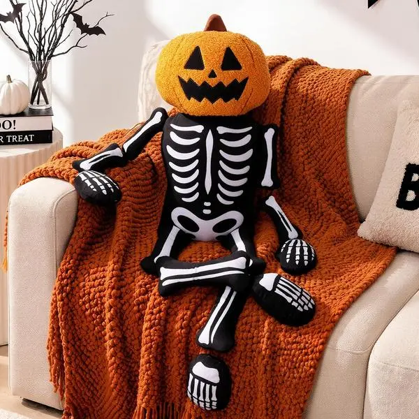 Bunny Chorus Halloween Pumpkin Skeleton Throw Pillow, Pumpkin Head Skeleton Stuffed Decorative Pillow for Couch Sofa Bed, Cute Spooky Halloween Plush Pillow Home Decor Party Decorations, 39" x 19"