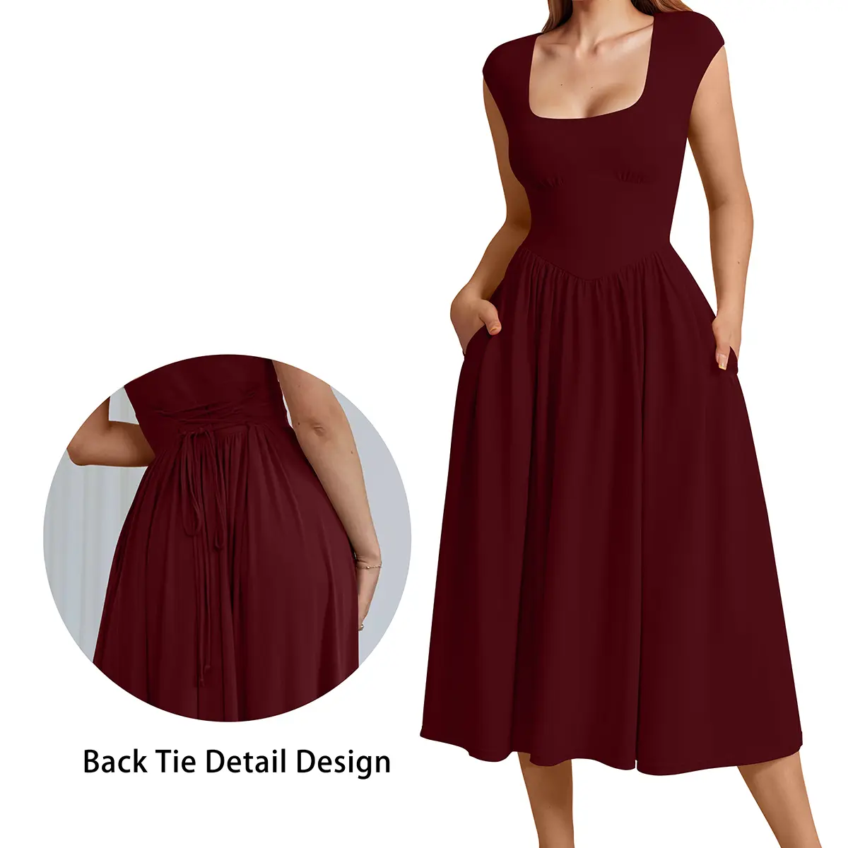 OYS Women's Casual U Neck Cap Sleeve Back Belt Pleated Swing A Line Midi Dress With Pockets OYS Women's Casual U Neck Cap Sleeve Back Belt Pleated Swing A Line Midi Dress With Pockets
