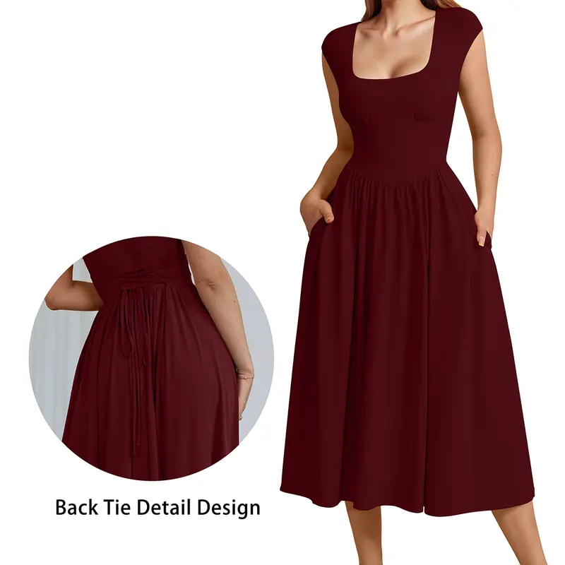 OYS Women's Casual U Neck Cap Sleeve Back Belt Pleated Swing A Line Midi Dress With Pockets