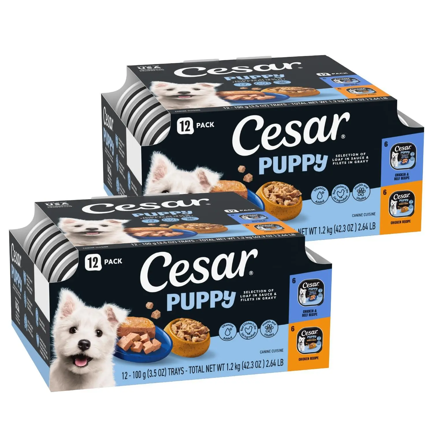 Cesar Puppy Classic Loaf Wet Dog Food, Chicken & Beef, 3.5 oz, 24 Count | Real chicken #1 ingredient, made in USA, no fillers or artificial flavors, essential nutrients, slow-cooked, easy peel trays