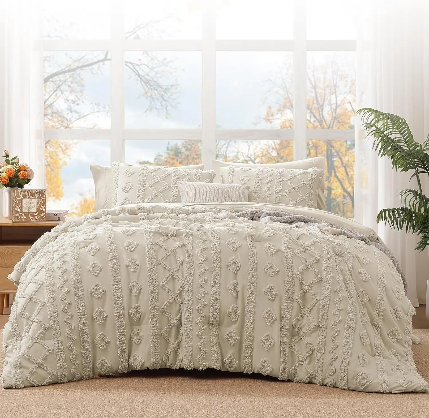 Melex Home | Tufted Boho 7 Pieces Comforter Set   Bedding Farmhouse Bed Set, All Season  , Pillowcases & Shams,bed comforter set,bedding sets,queen comforter set,Soft Jacquard Comforter for All Seasons Gifts