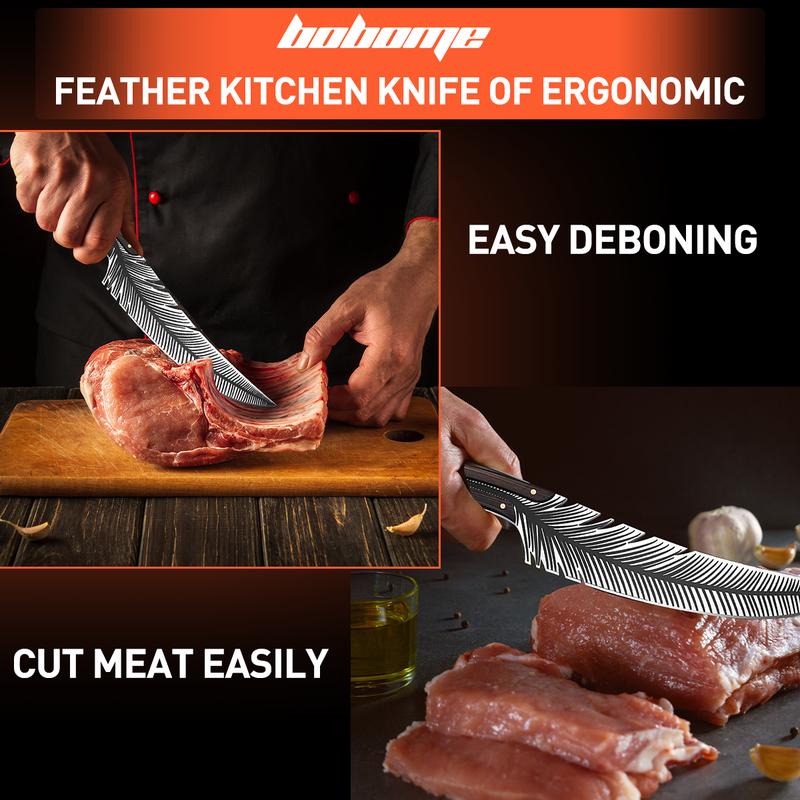 Japan Knife Feather Knife Hand Forged Viking Knife,Boning knife for Meat Cutting Japanese Chef Knives with Sheath,High Carbon Steel 8.3 Inches Blade Length - Wooden