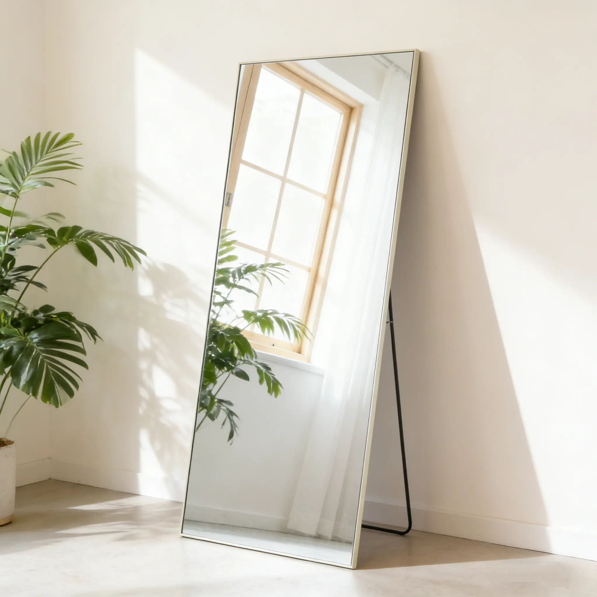 Large Full-Length Mirror with Aluminum Frame and Stand, 56x15 Black Home Decorative Modern Mirror for Bedroom, Living Room, Wall or Door Mounting, Home Decorative Mirror
