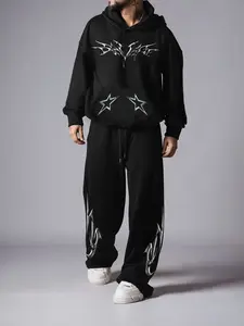 Trendy Men's Black Flame & Star Graphic Tracksuit, Edgy Oversized 2-Piece Streetwear, Hoodie & Sweatpants Set for Dark Street Style Stans