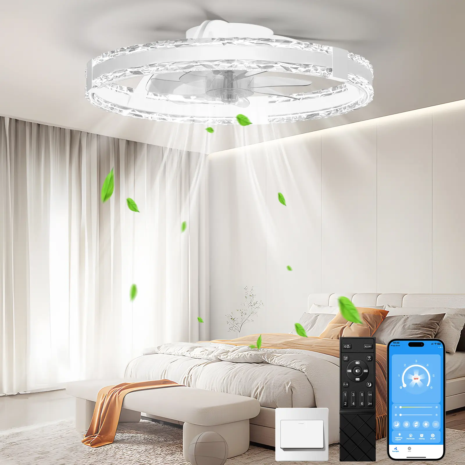 Modern Ceiling Fans with Lights and Remote, 20'' Low Profile Flush Mount Ceiling Fan with 6 Speeds & 3 Color Temperature, 3000-6500K Dimmable Led Fandelier for Bedroom Livingroom, White