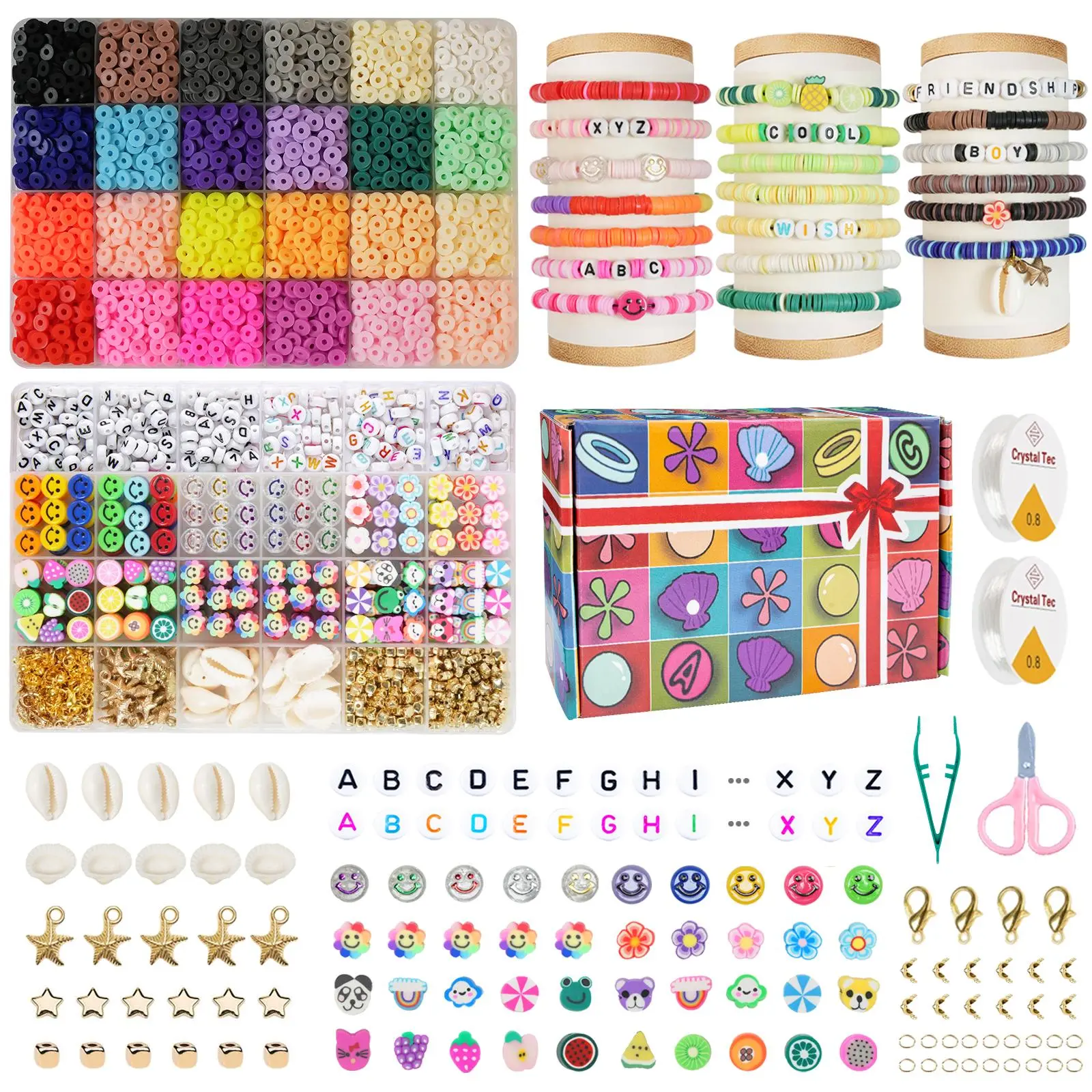 6mm 8900pcs 24-Color Polymer Clay Beads Jewelry Making Kit with Letter Beads, Colorfast Jewelry Making Tools, Black and White Accents, DIY Friendship Bracelet Supplies, Handmade Gifts for All Ages