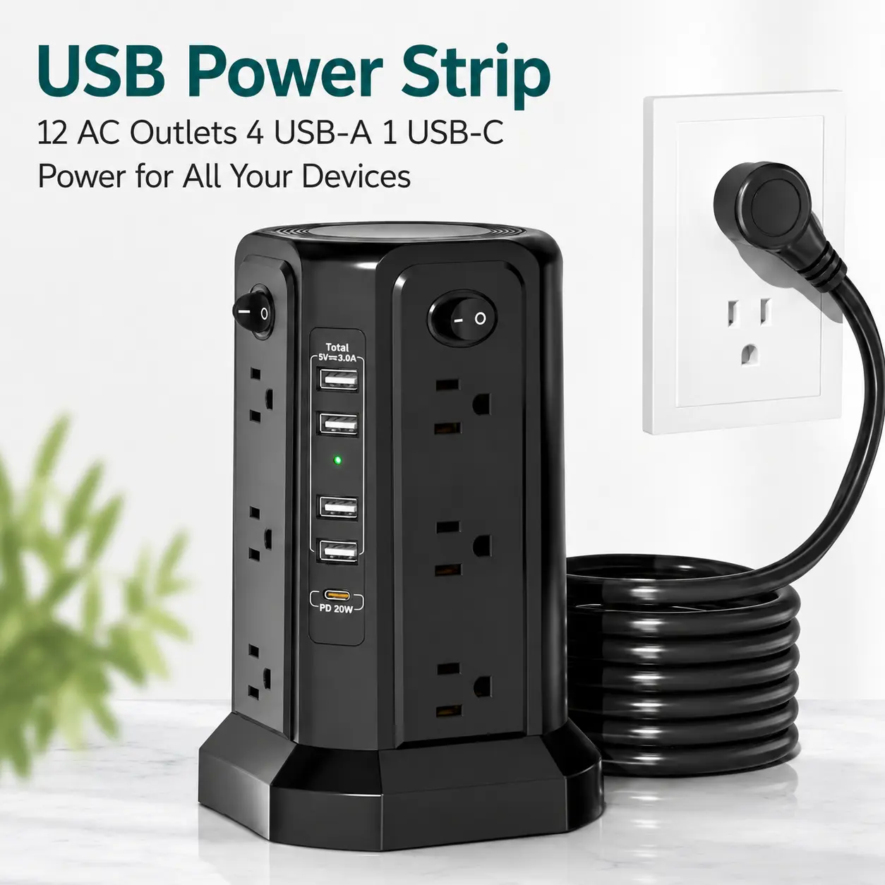 PASSUS Power Tower Surge Protector with 12 AC Multi-Outlets, 5 USB Ports (1 USB-C PD18W), Night Light, and 10ft (3.0m) Extension Cord Plug