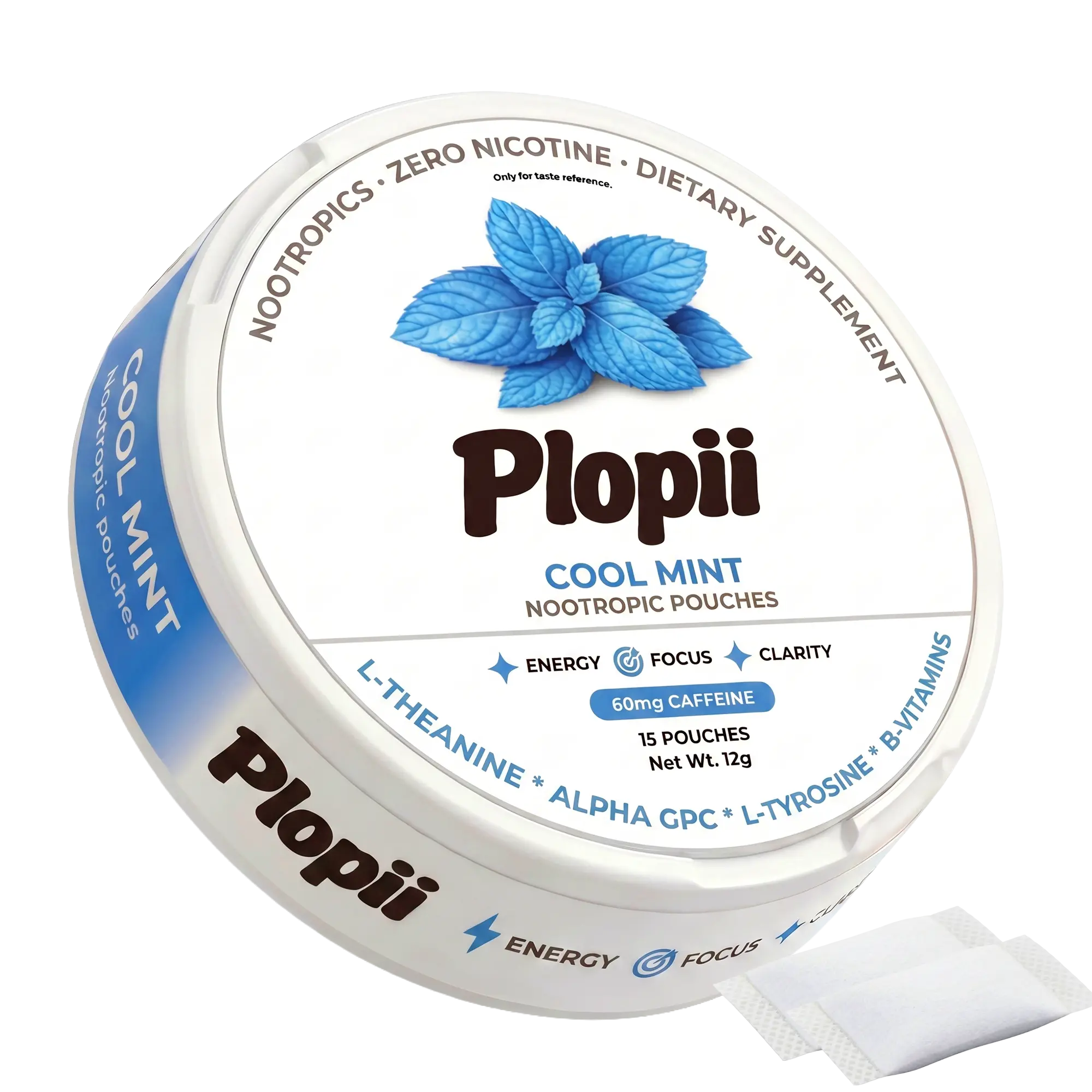 Plopii Caffeine Focus & Energy Nootropic Pouches | Alpha GPC, L-Theanine, L-Tyrosine, Ginseng, Vitamin B6 + B12 | No Jitters, No Crash | Nicotine-Free (Singe-Tin)