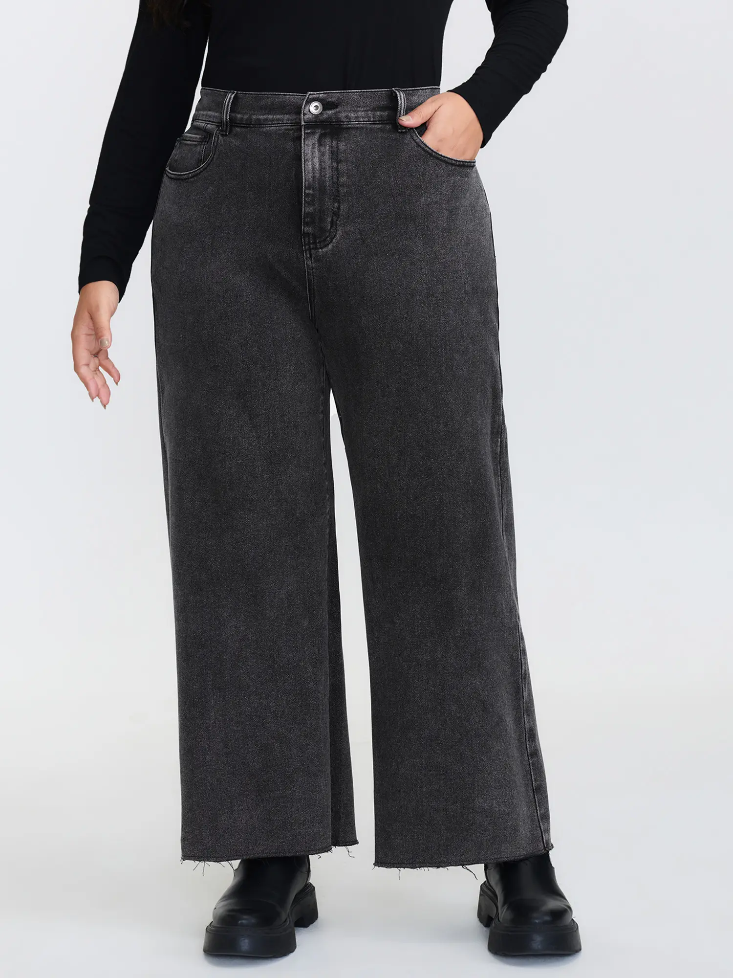 【Y2K】【Tummy Control】BLOOMCHIC Plus Size Vintage Wash Stretchy Waistband Wide-Leg Jeans [M-6X] , Pocket, Garment Summerfinds