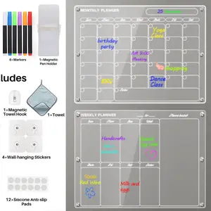 NW2Lbs 2 Pack 16"x12" Acrylic Magnetic Fridge Calendar Dry Erase Clear Monthly & Weekly Planning Boards with Vibrant Markers and Wall Hanging Hook