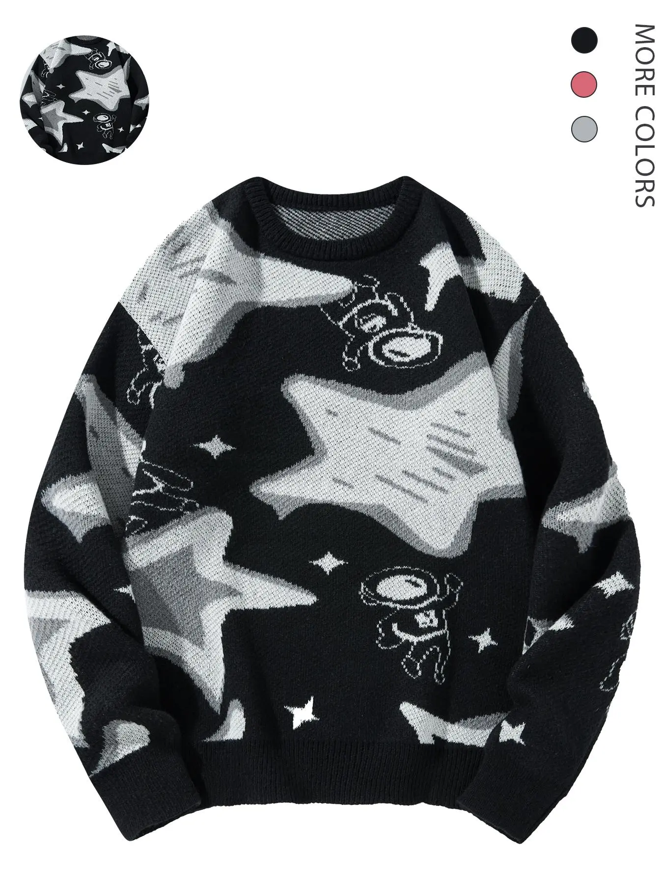 Men's Cartoon Astronaut & Star Print Round Neck Sweater, Regular Fit Casual Long Sleeve Crew Neck Jumper for Fall & Winter, Fashion Men's Knitwear for Daily Wear, Knitwear Top, Winter Warm Pullover, Casual Chic Knitwear