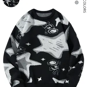 Men's Cartoon Astronaut & Star Print Round Neck Sweater, Regular Fit Casual Long Sleeve Crew Neck Jumper for Fall & Winter, Fashion Men's Knitwear for Daily Wear, Winter Warm Pullover