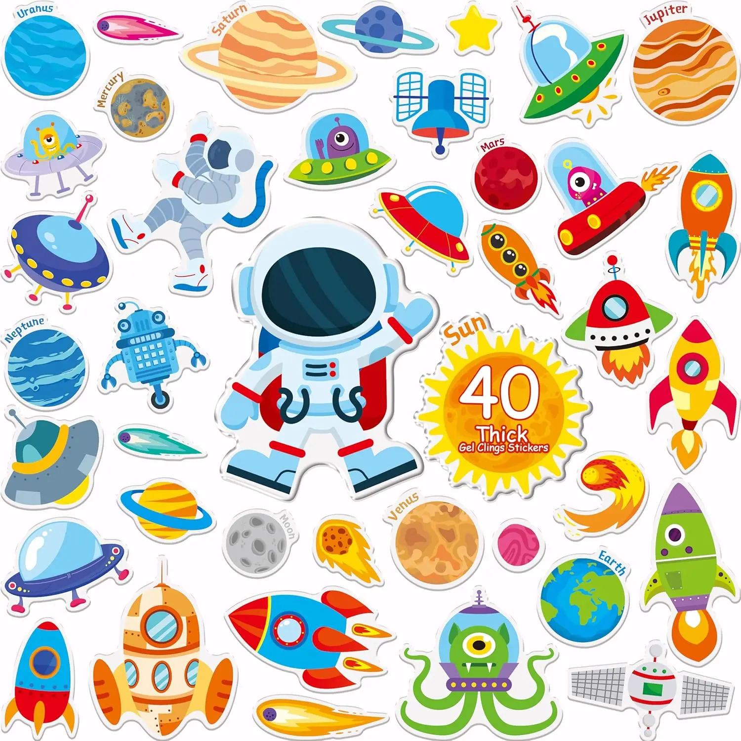 40 count Space Jelly Stickers, Universe Thick Window Door Clings Removable   Gel Clings  for   Adults  Classroom  Decorations Party Supplies (Not Edible)