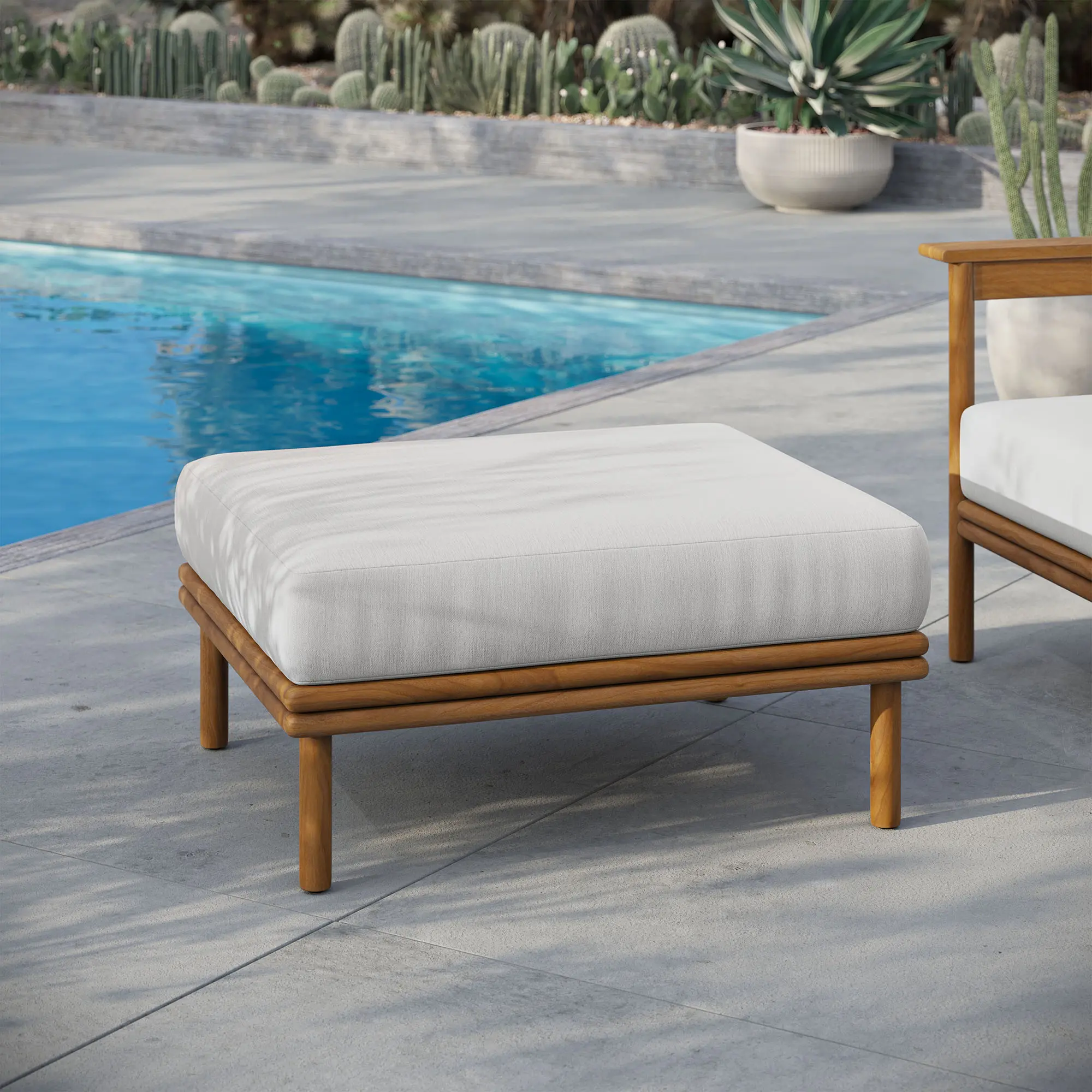 Wren Natural Sail Outdoor Patio Teak Wood Removable Upholstered Stool - Single Seat Footstool, Requires Assembly