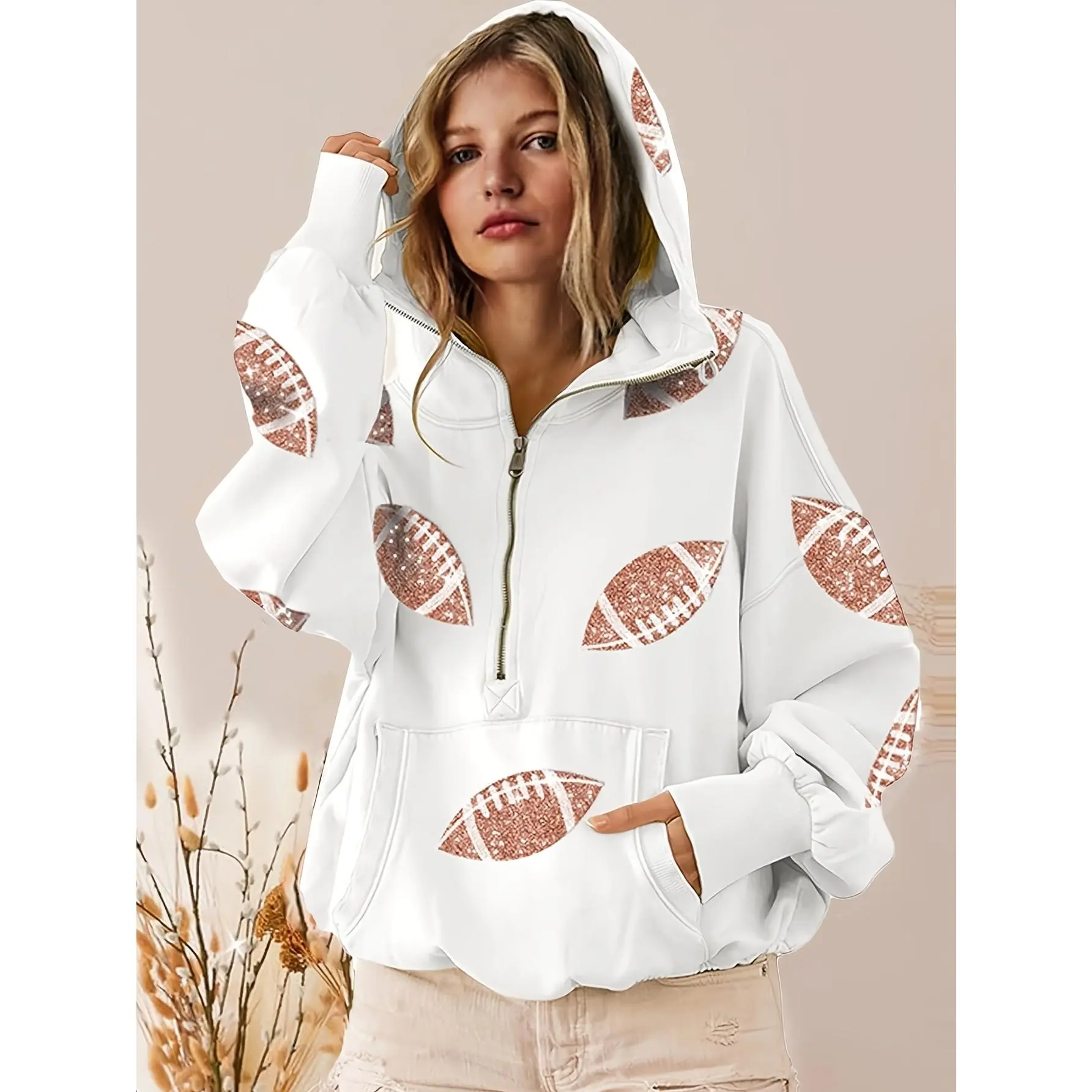 Women's Football-Themed Sparkling Sequin Hooded Cotton-Polyester Fabric Pullover, Half-Zip Longsleeve Lady Top with Pockets, Casual Tailgate Game Day Athleisure Outfit, Machine Washable Regular Fit