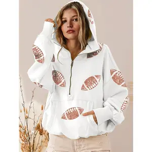 Women's Football-Themed Sparkling Sequin Hooded Sweatshirt - Half-Zip Long Sleeve with Pockets, Tailgate Party Outfit, Game Day Athleisure Wear, Machine Washable Football Dress for Matches & Training (Regular Fit)